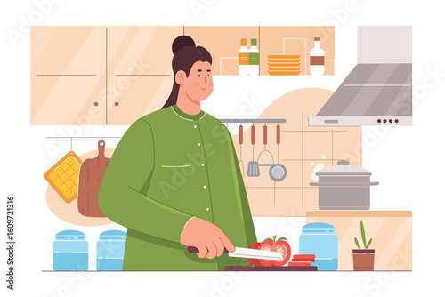 Cooking in kitchen, love to cook vector illustration. Cartoon female young chef character holding knife to cut vegetables for family dinner, woman preparing food for healthy nutrition and diet