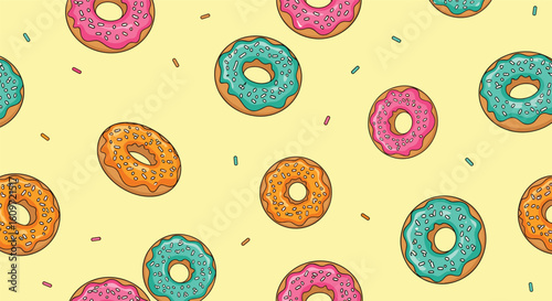 A delightful collection of colorful frosted doughnuts scattered across a bright yellow background with sprinkles adorning the scene
