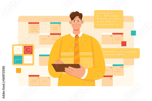 Business project planning vector illustration. Cartoon busy businessman working to organize time for meetings and events in virtual electronic schedule with clock reminder, notes and planner