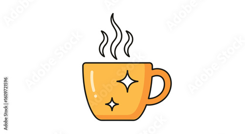 Cozy morning beverage warm drink in a sparkly orange mug with rising steam illustration for relaxing moments