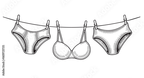 Drying swimsuit hanging on a rope. Bra and panties underwear laundry on the clothesline, summer beach bikini linocut doodle. Italian summer vacation doodle style illustrations.