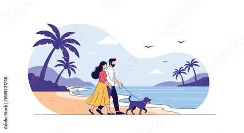 Couple enjoying a leisurely stroll on the sandy beach with their canine companion under the palm trees
