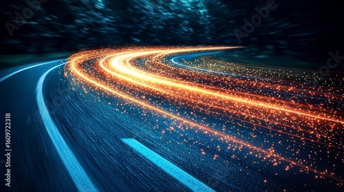 Glowing streaks along a curved, dark highway