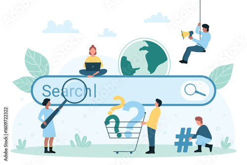 Online web search service vector illustration. Cartoon tiny people look through magnifying glass to explore internet, millennial characters use browser search engine to find answers to questions