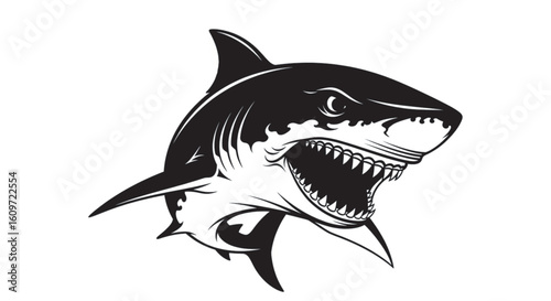Aggressive shark head mascot vector illustration. Fierce predator graphic logo for a sports team or club emblem.