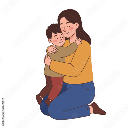 A cartoon depiction of a woman kneeling while embracing a young child with closed eyes