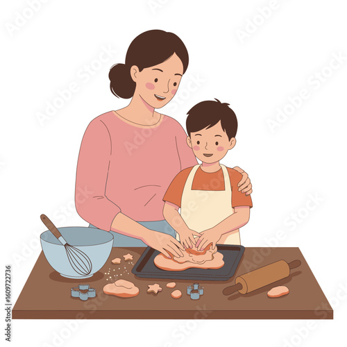 A woman and a child baking with dough on a tray amidst cookie cutters and a rolling pin on a brown table