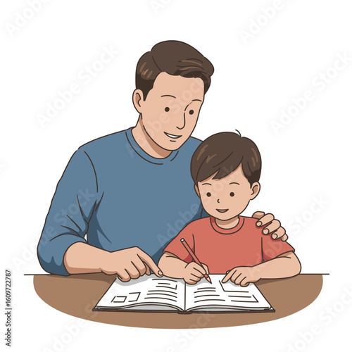 A man helps a child with homework at a desk working in a book