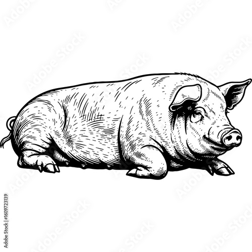 Rustic Woodcut Style Illustration of a Resting Pig, Detailed Farm Animal Vector Art, Vintage Hand-Drawn Hog Engraving