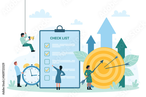 Productive management, organization for business achievement vector illustration. Cartoon tiny people work with list of important tasks to achieve goal, employee holding arrow hitting bullseye