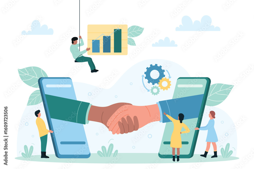 Obraz premium Partnership and deal, handshake of business people vector illustration. Cartoon partners from screen of mobile phones shake hands, tiny people holding finance graph to work with company contract
