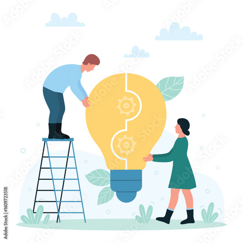 Success teamwork vector illustration. Cartoon tiny people connect together two part of big light bulb puzzle with gears inside, cooperation of man and woman with lightbulb creative ideas and solutions