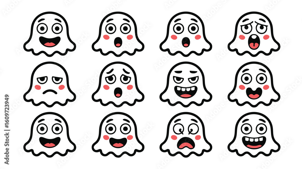 Fototapeta premium Cute Ghost Emojis 12 Expressions for Halloween Beyond