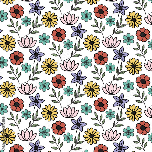 Seamless pattern of colorful hand drawn wildflowers and leaves on a white background