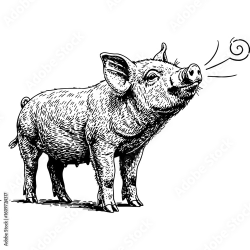 Rustic woodcut style illustration of a happy piglet snorting, vintage farm animal graphic design element. Farm livestock artwork.