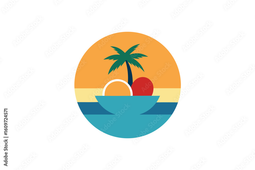 Fototapeta premium Tropical Sunset Banner with Palm Tree Silhouette and Fruit Salad Bowl