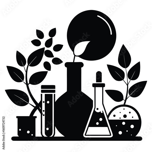 Silhouette of scientific lab equipment and plant illustration symbolizing botanical research and natural science experiments with organic compounds.