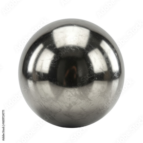 A single, perfectly spherical, highly polished, reflective stainless steel pinball, pristine and gleaming, against a transparent seamless studio background with bright, even lighting, sharp focus and