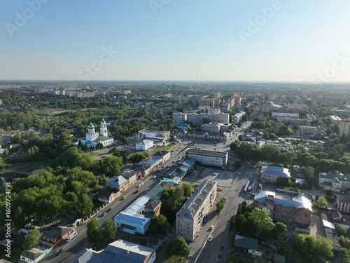 An aerial view of Kirzhach city's residential zones and underlying infrastructure, including roads and pathways