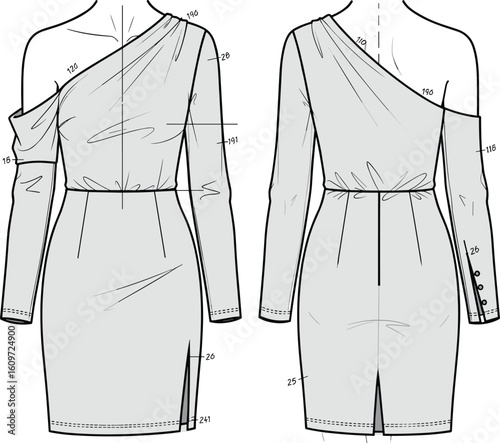 Stylish One-Shoulder Dress with Long Sleeves and Elegant Draping, Perfect for Sophisticated Looks