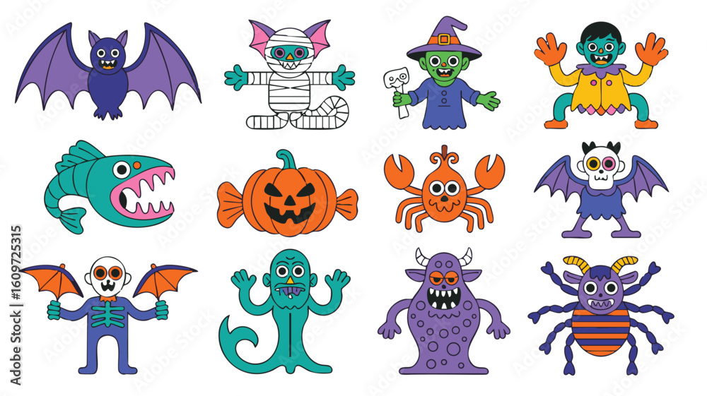 Obraz premium Cute Halloween Monsters Character Set for Parties Designs