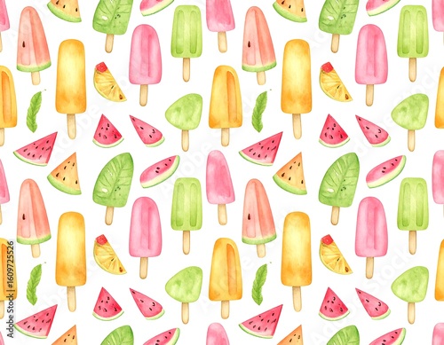 Watercolor ice cream pattern.  Colorful ice pops, watermelon and citrus slices arranged on a white background.  Bright,  summery design