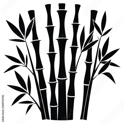 Simple and elegant black and white bamboo stalks and leaves design on a bright white background representing nature