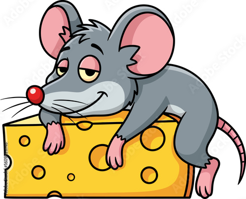 A contented cartoon mouse rests on a large slice of swiss cheese with holes looking very relaxed and sleepy
