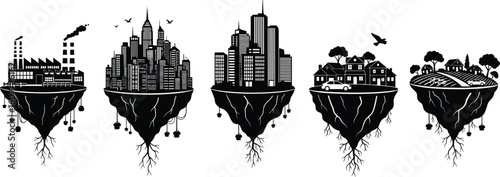 Five Floating Islands with Roots, Representing Industrial Factory, Urban Cityscapes, Suburban Houses, and Rural Farmland, Flat Vector Silhouette Illustration