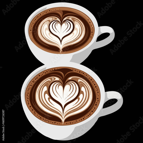 Two cups of cappuccino with beautiful heart-shaped latte art for a coffee date isolated on a black background.