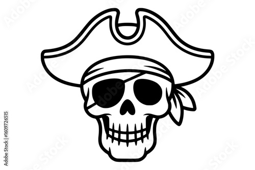 Friendly Skull Pirate – Bold Minimalist Vector Line Art for Coloring Pages and Apparel Printing generative ai 