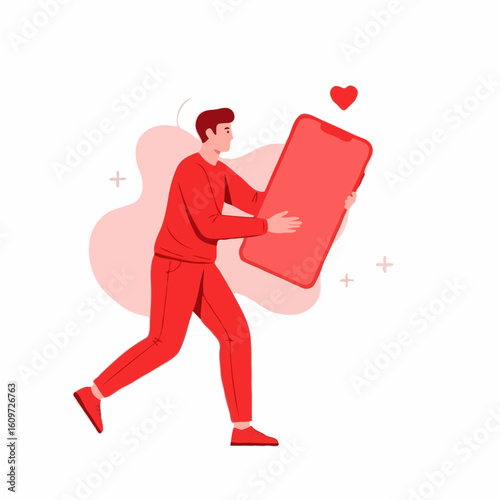Young cartoon man happily hugging a giant red smartphone representing social media addiction on a white background.