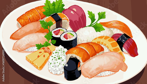 Illustrated platter of assorted Japanese sushi and sashimi served on a white plate on a wooden surface.