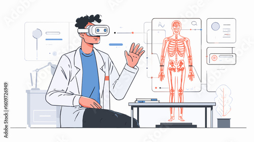 Vector Illustration of Student Using VR Headset to Study Human Anatomy with 3D Holographic Model