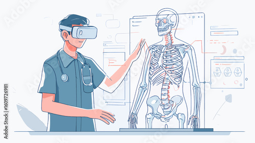 Vector Illustration of Student Using VR Headset to Study Human Anatomy with 3D Holographic Model