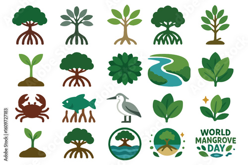 Mangrove Day Eco Icons Set Wildlife, Roots, Water Conservation Symbols Collection