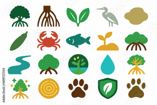Mangrove Day Eco Icons Set Wildlife, Roots, Water Conservation Symbols Collection