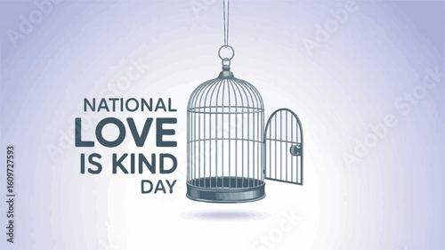 National Love is Kind Day Poster with Open Birdcage and Soft Gradient Background