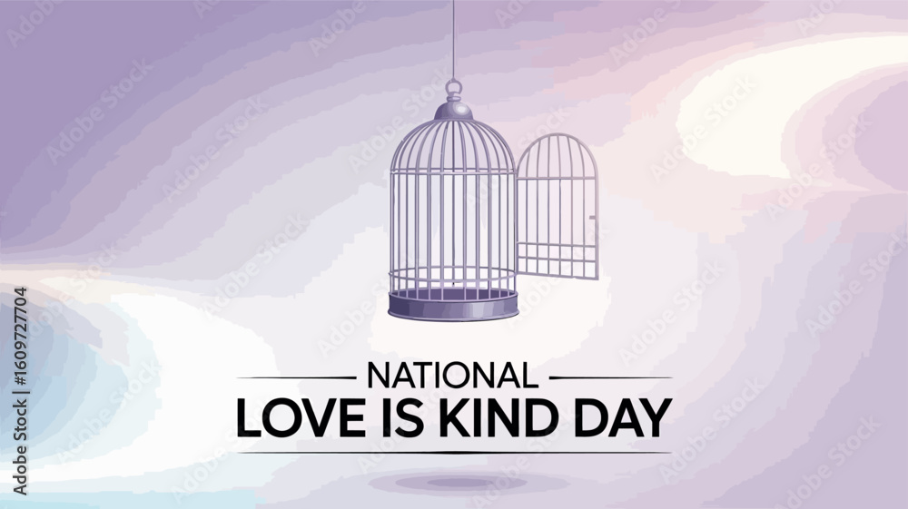 Naklejka premium National Love is Kind Day Poster with Open Birdcage and Soft Gradient Background