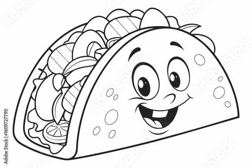 Coloring Pages, cartoon taco with smiling face, colorless, uncolored, black and white for coloring book, coloring page, kids