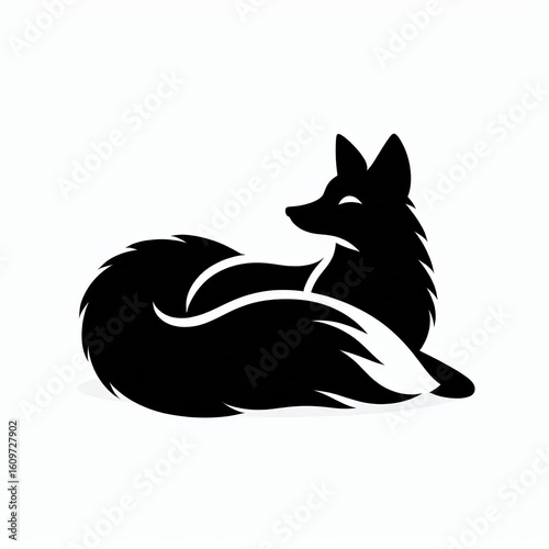 Stylized silhouette of a black fox curled up on a white background