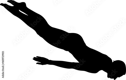 Black silhouette of a swimmer diving into water, body fully extended in air, clean sports icon style, athletic dive with outstretched arms and focused intent, 
