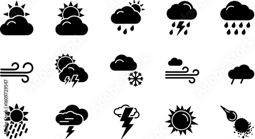 Set of Black Weather Icons: Sun, Clouds, Rain, Snow, Wind, Thunderstorm, Hail. Minimalist Forecast Symbols for UI/UX Design.