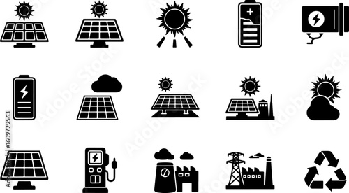 Renewable Energy and Solar Power Icons Set. Sustainable Electricity, EV Charging, and Recycling Technology Symbols.