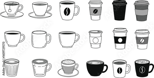 Hand-Drawn Collection of Various Coffee Cups, Mugs, and Disposable To-Go Containers, Perfect for Cafe Menus and Beverage-Themed Designs, Flat Vector Illustration
