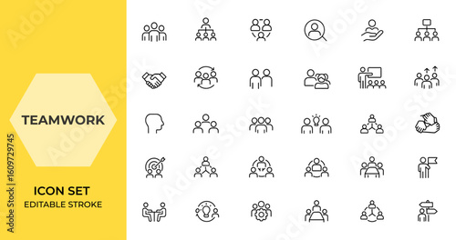 Teamwork Linear Icon Set – Editable Stroke Collection of Web Icons Featuring Team Building, Business People, Group, Human Resources, Community, Organization, Workshop, Team and more.