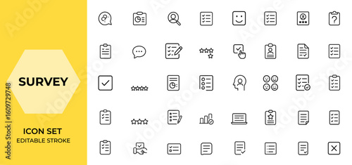 Linear Survey Icon Set with Editable Stroke. Collection of feedback and opinion icons including question, poll, research, review, satisfaction, answer, task, and more.