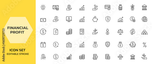 Web icon set of financial profit in line style. Editable stroke money income collection including earnings, payment, investment, management, growth, savings, finance, and more.