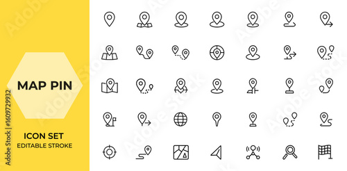 Map Pin and Location Icon Set in Line Style — Editable Stroke Collection Featuring Navigation, GPS, Address, Place, Directions, Distance, Map Marker, Web Icons, and More,
