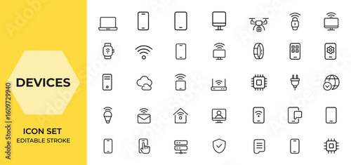 Smart technology devices icons set for web and mobile apps. Line style electronic gadgets including laptop, smartphone, tablet, computer monitor, drone. Vector illustration, tech.